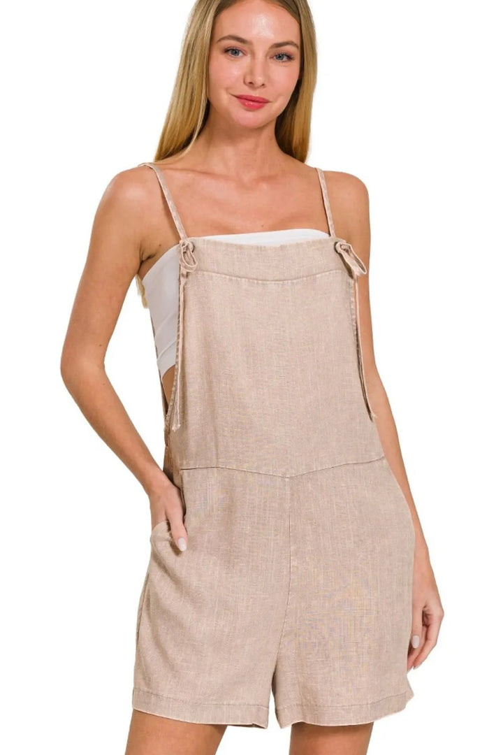 Ash Mocha Zenana Washed Linen Knot Strap Rompers 4