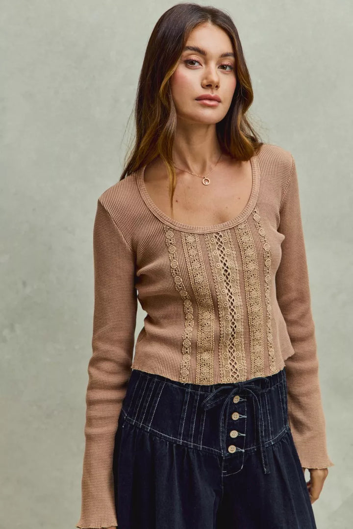Latte So Me Vintage Washed Lace Crop Thermal Washed Knit Top