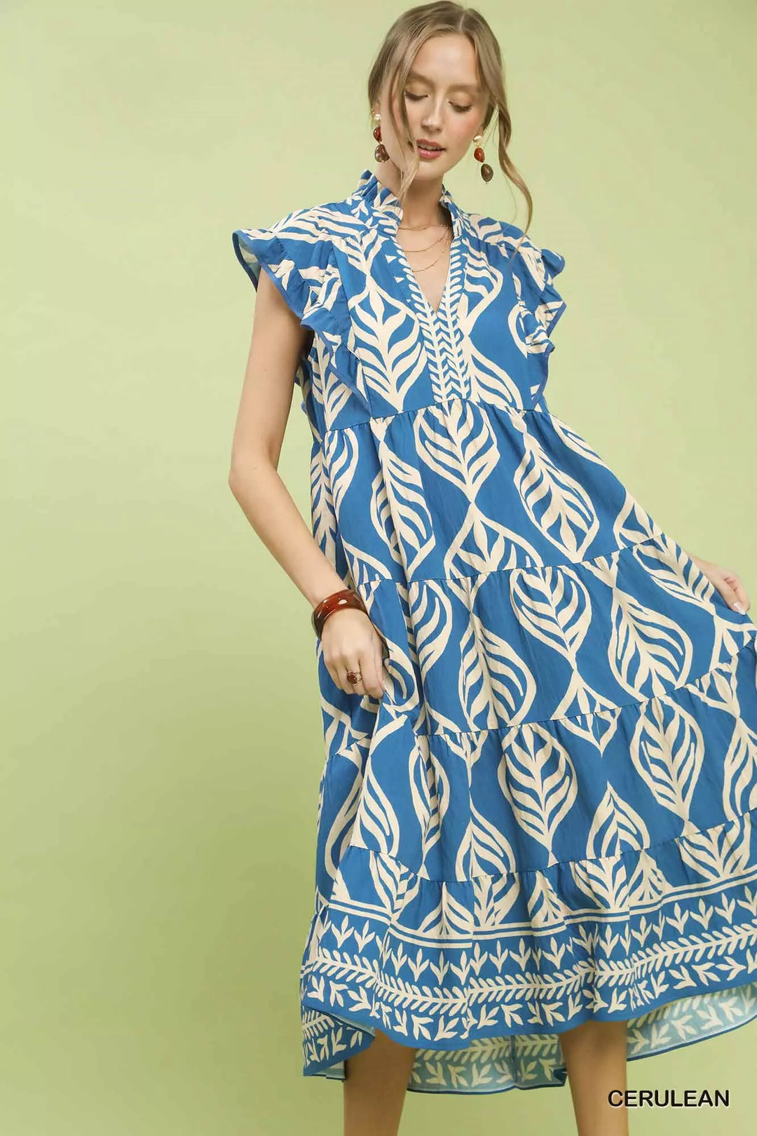 Umgee Leaf Print Tiered Midi Dress With Pockets