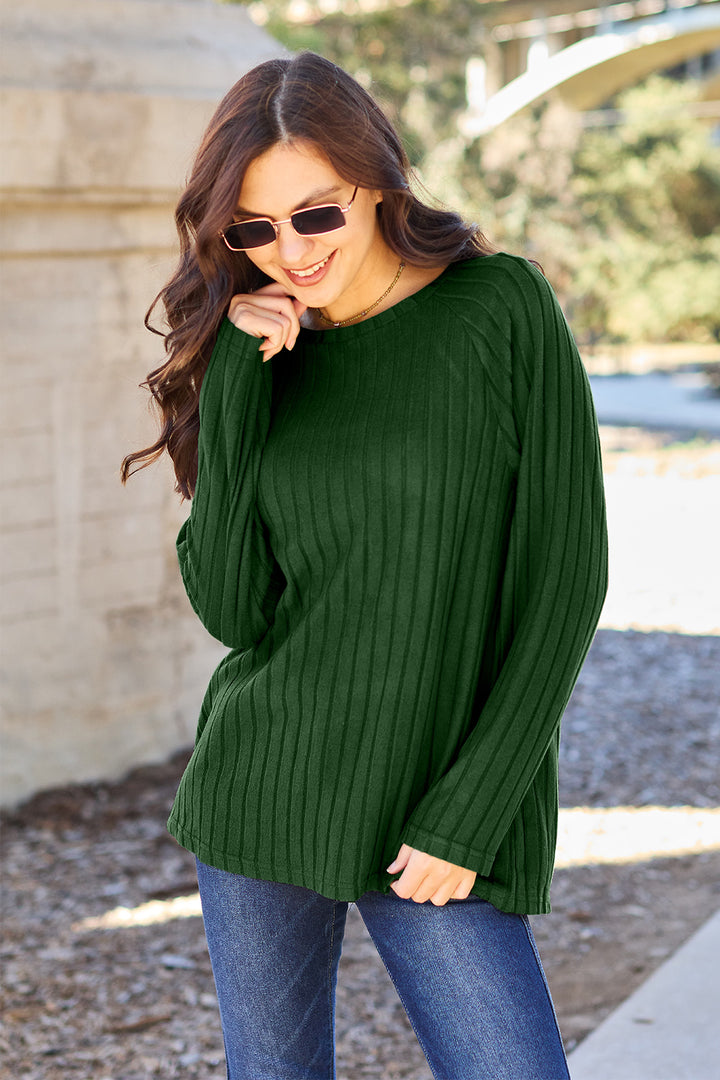 Dark Blue Basic Bae Full Size Ribbed Round Neck Long Sleeve Knit Top 1