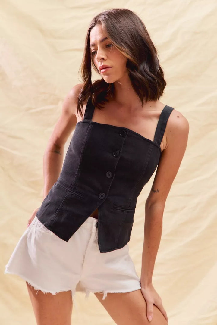 Black So Me Button Down Sleeveless Game Day Fitted Denim Top