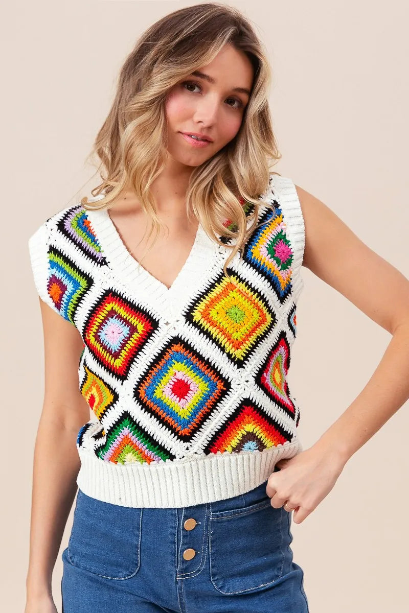 Ivory Bibi Diamond Granny Square Sweater Vest