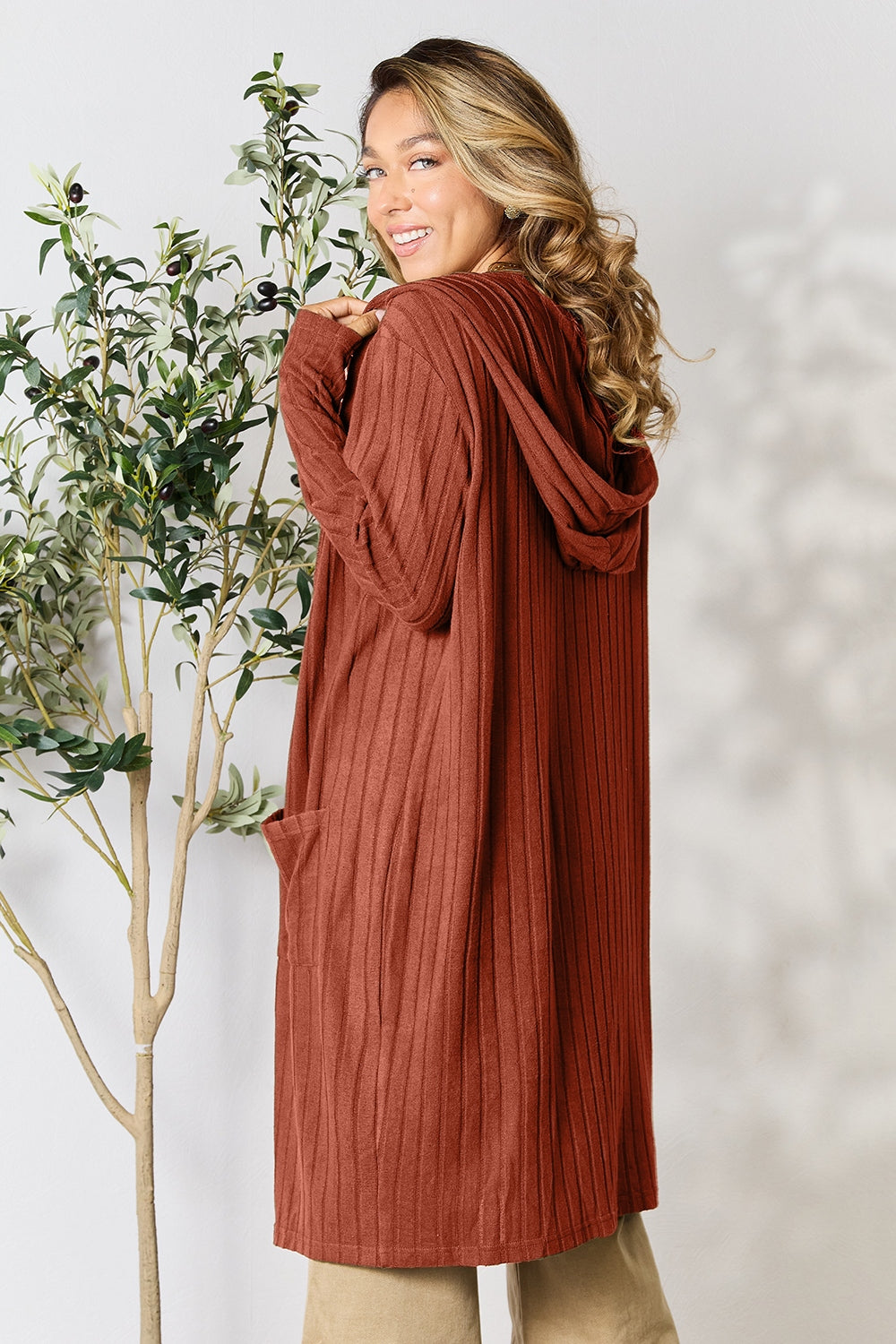 Rust Basic Bae Full Size Hooded Sweater Cardigan