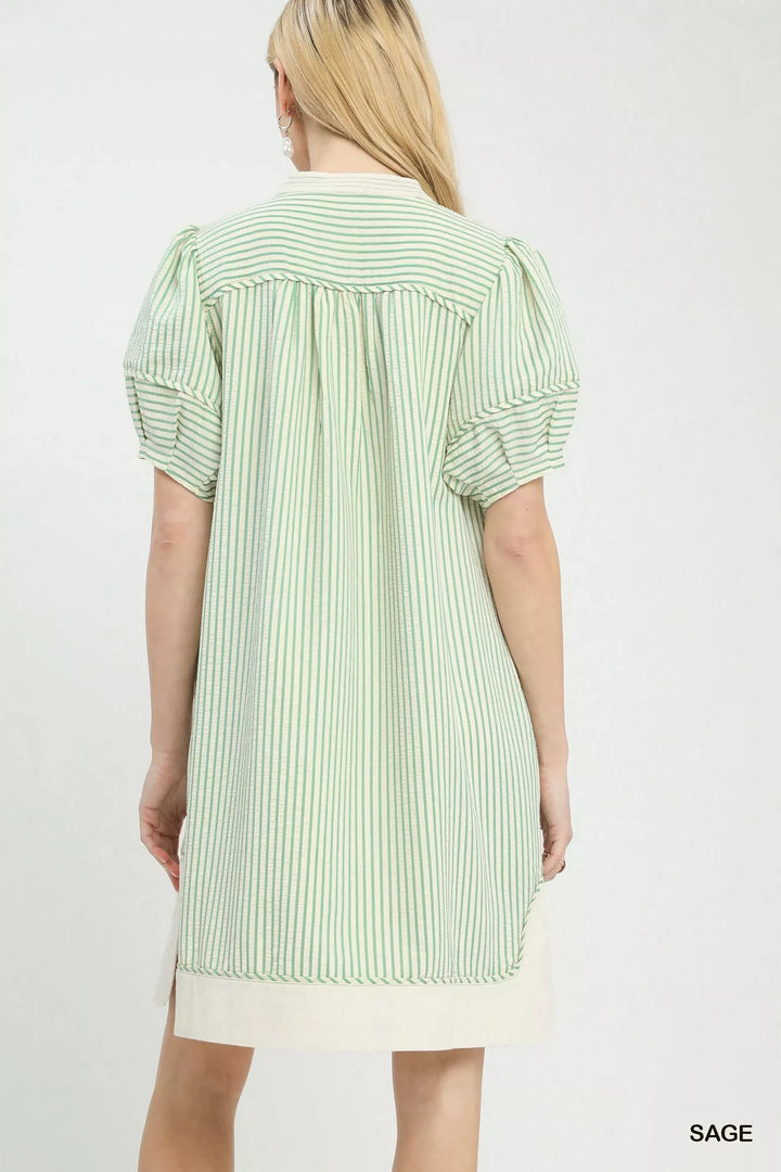 Sage Umgee Pinstripe Shift Dress With Contrast Trim