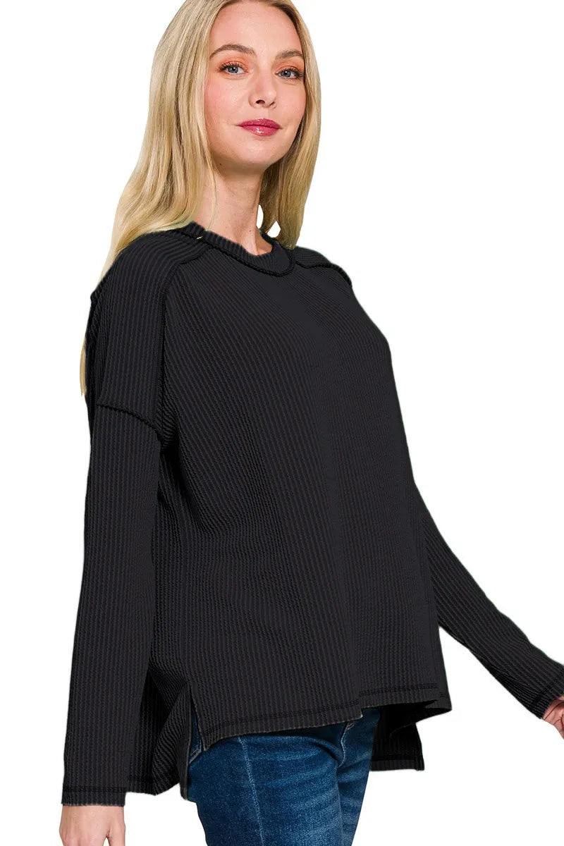 Black Zenana Full Size Exposed Seam Long Sleeve Corded Rib Knit Top Plus Size