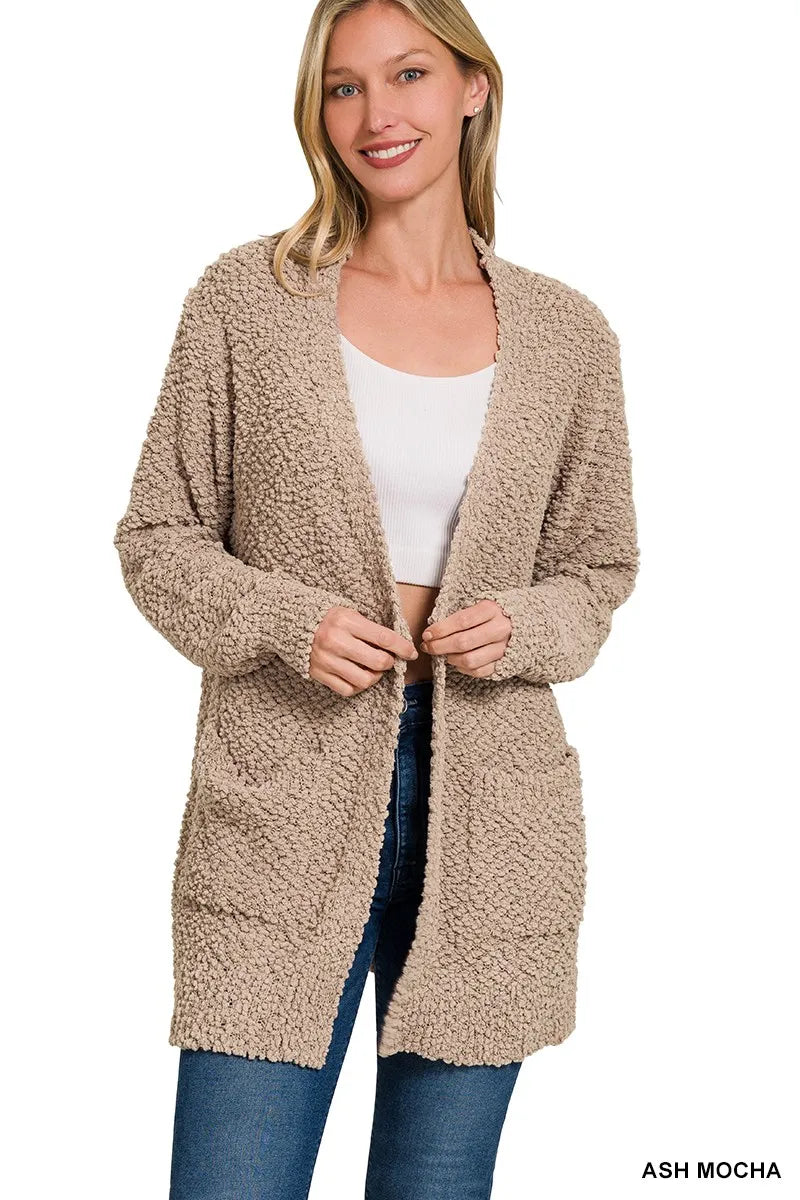 Ash Mocha Zenana Long Sleeve Popcorn Sweater Cardigan With Pockets 3