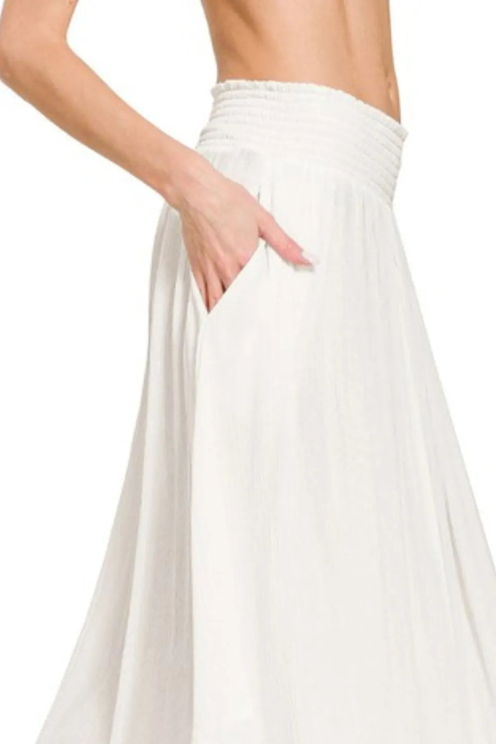 Off White Zenana Woven Crinkle Smocked Waist Maxi Skirt W Pockets 4