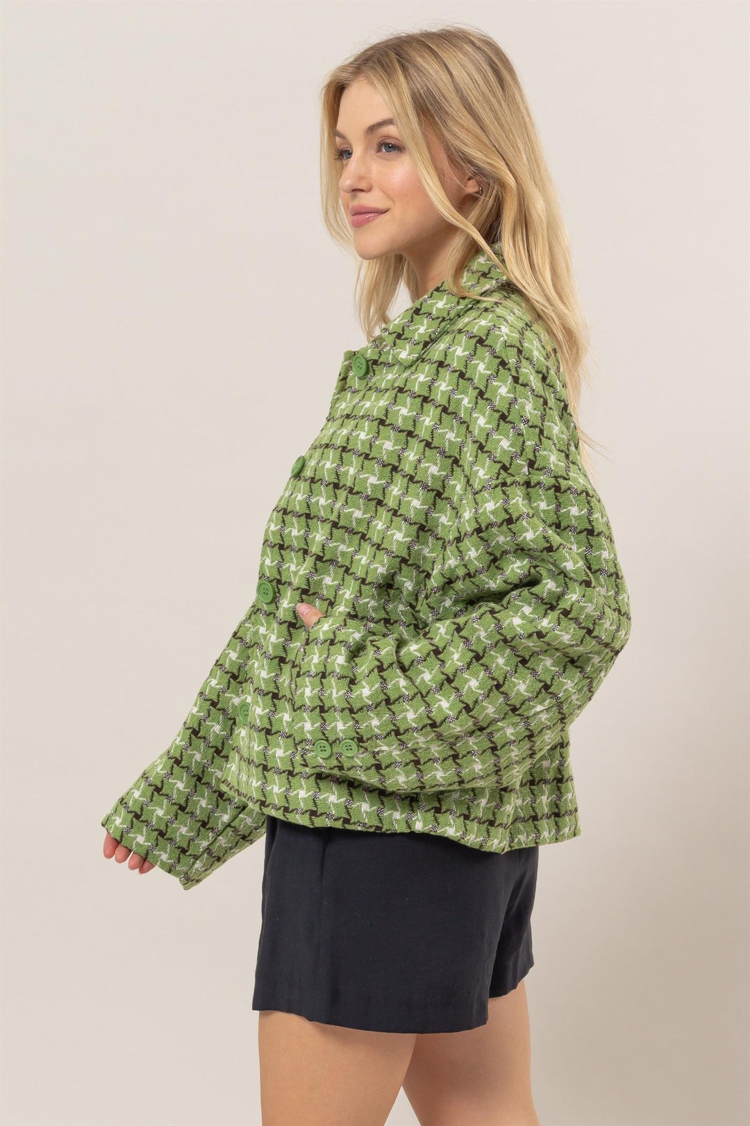 Green Hyfve Tweed Plaid Button Up Collared Neck Jacket 1