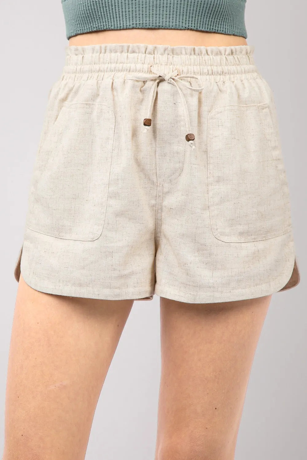 Oatmeal Very J Drawstring Elastic Waist Linen Shorts 1
