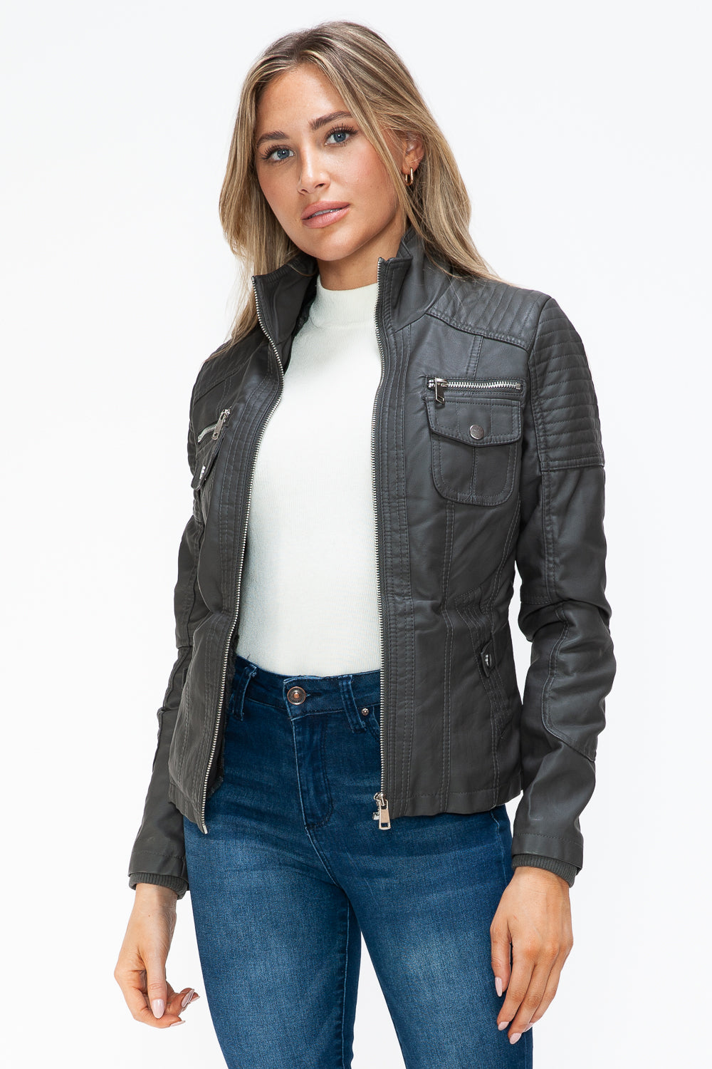 Ymi Removable Faux Layered Multi Pocket Jacket With Fuzzy Hood 1