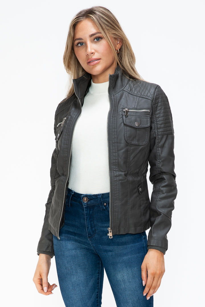 Ymi Removable Faux Layered Multi Pocket Jacket With Fuzzy Hood 1