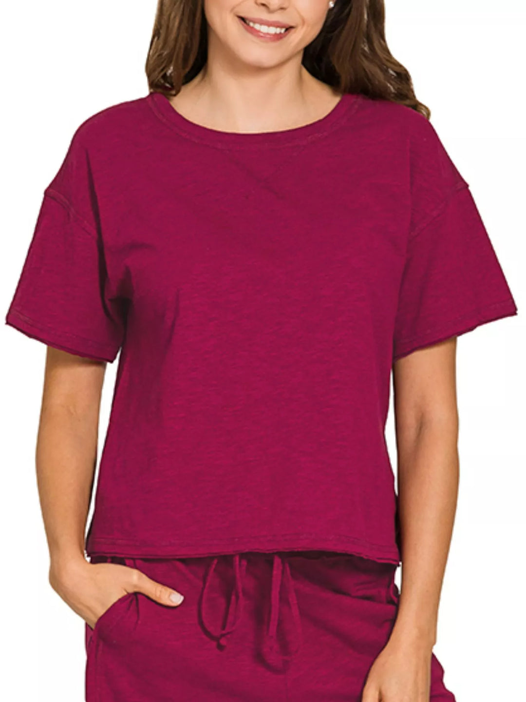 Cabernet Zenana Cotton Slub Short Sleeve Tee And Pants Set 1