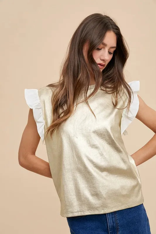 Ice Gold Annie Wear Mix Media Metallic Knit Ruffle Sleeve Top