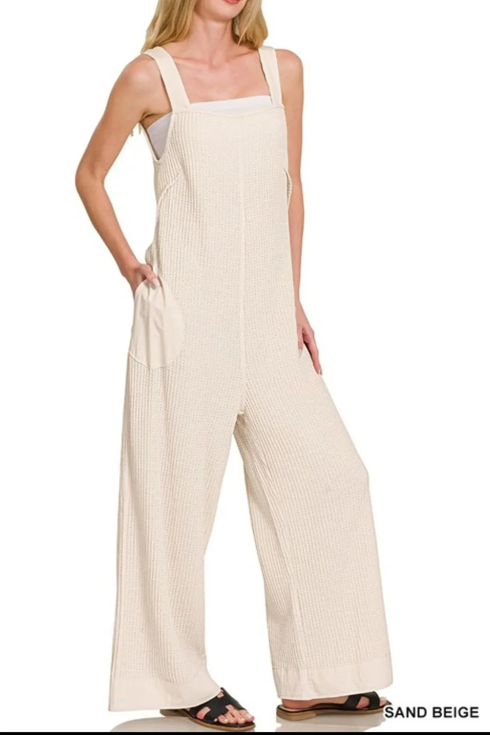 Sand Beige Zenana Knit Waffle Wide Leg Overalls 3