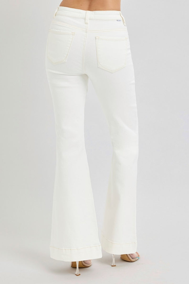 Cream Risen Full Size High Rise Front Patch Pocket Flare Jeans