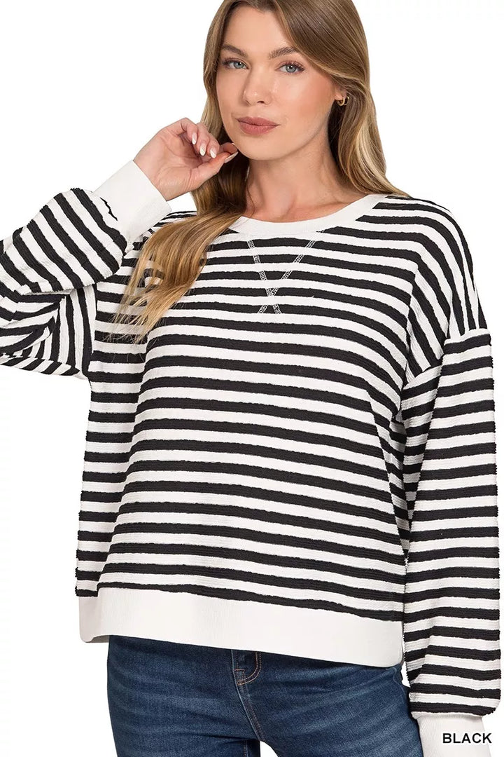Black Zenana Striped Round Neck Sweatshirt