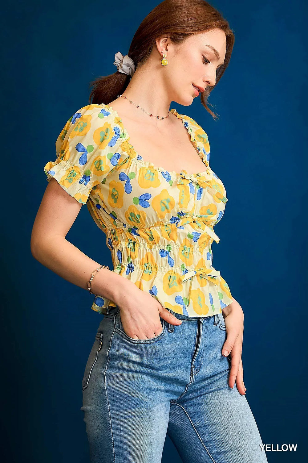 Yellow Umgee Floral Smocked Peplum Blouse