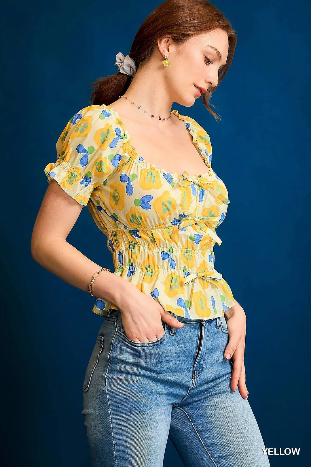 Yellow Umgee Floral Smocked Peplum Blouse