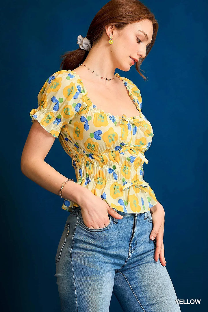 Yellow Umgee Floral Smocked Peplum Blouse