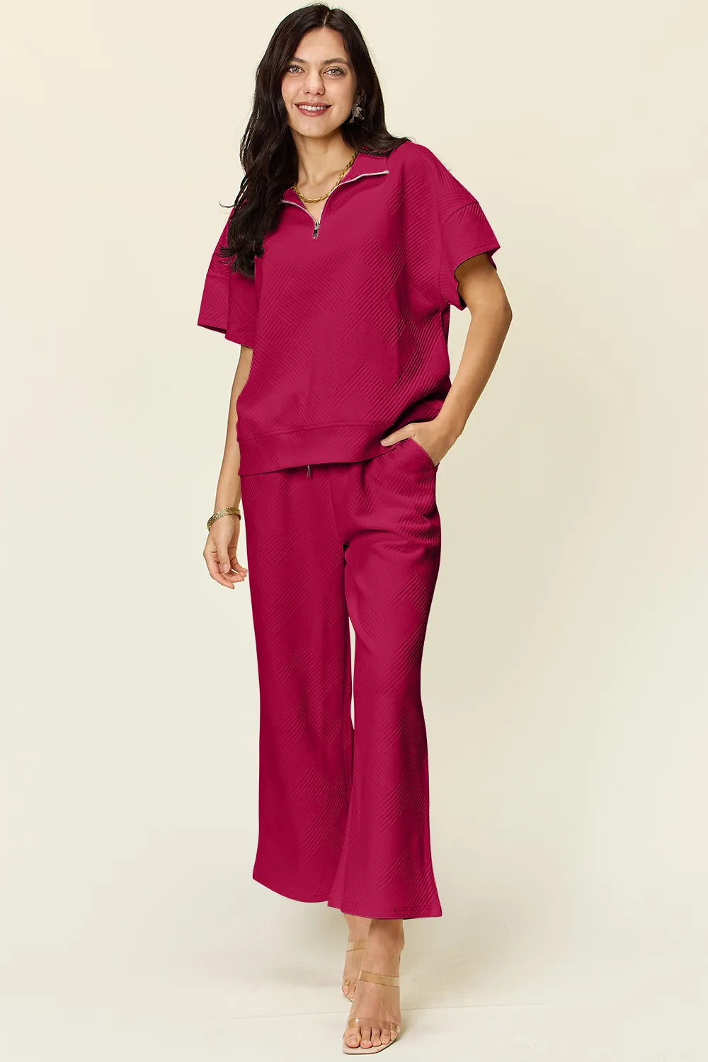 Olive Double Take Full Size Texture Half Zip Short Sleeve Top And Pants Set 1