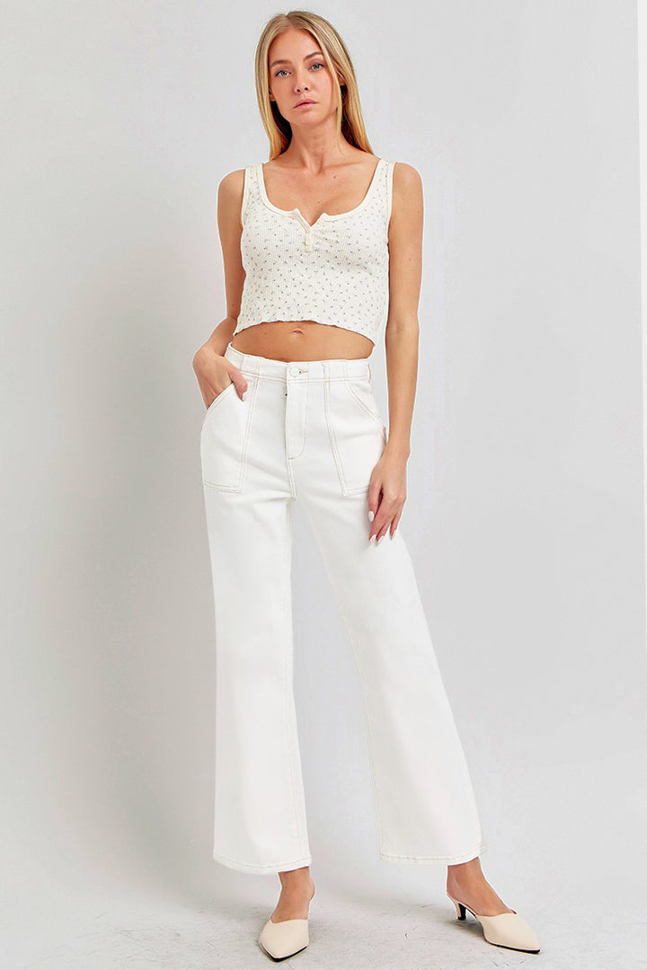 Cream Risen High Rise Ankle Flare Jeans With Patch Pockets