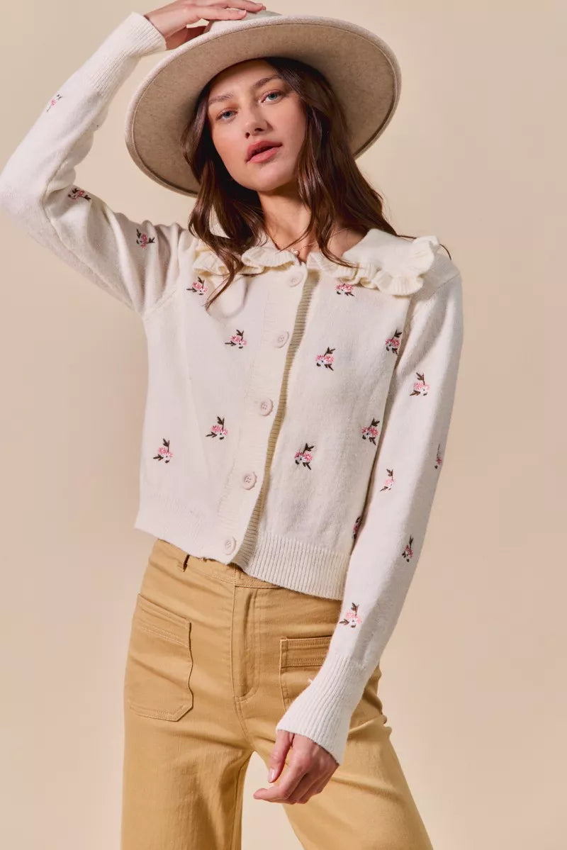 Cream Multi So Me Collared Floral Embroidered Button Down Sweater Cardigan