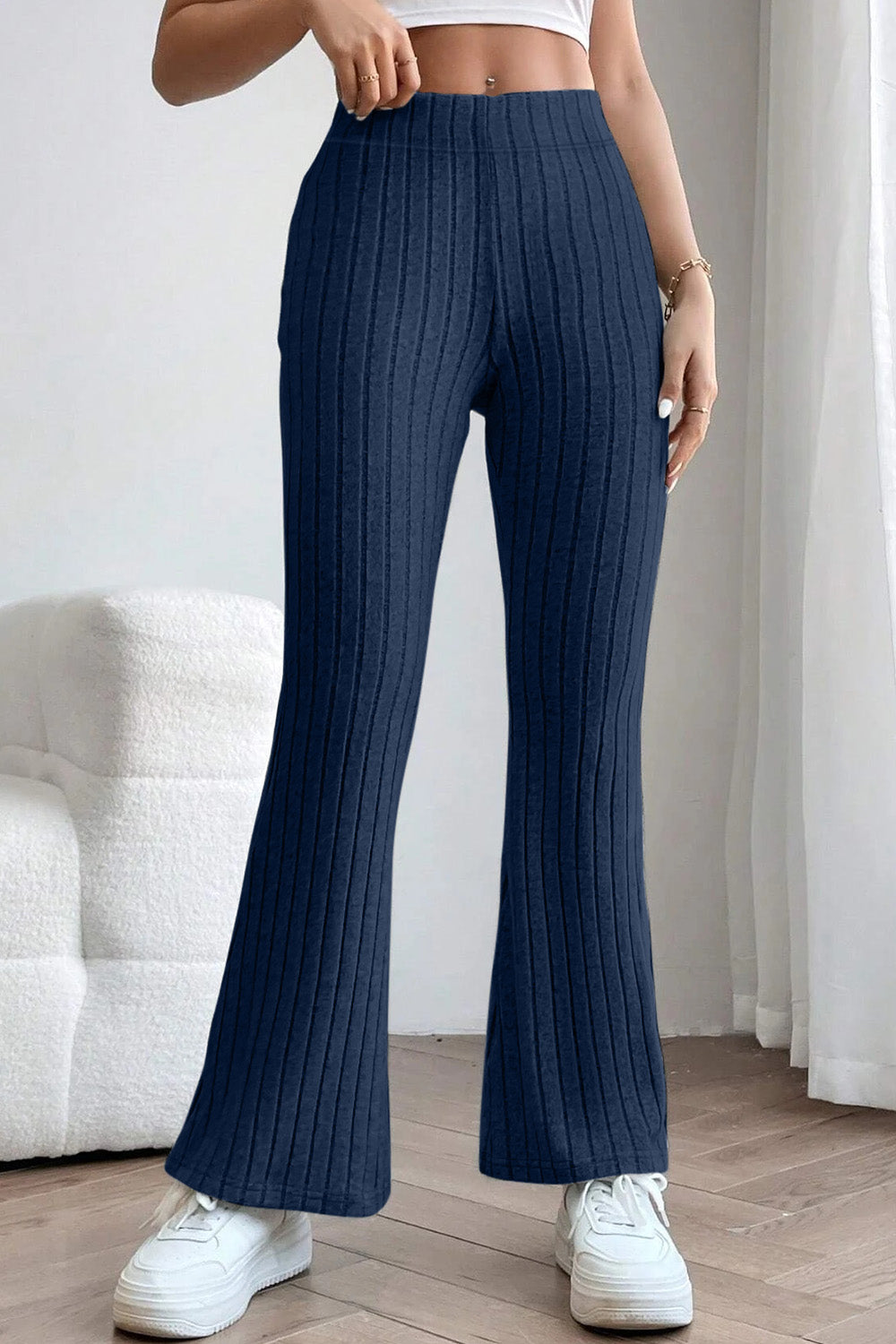Dark Blue Basic Bae Full Size Ribbed High Waist Flare Pants