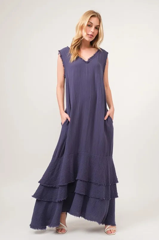 Navy And The Why Washed Cotton Gauze Fringe Detail Tiered Dress