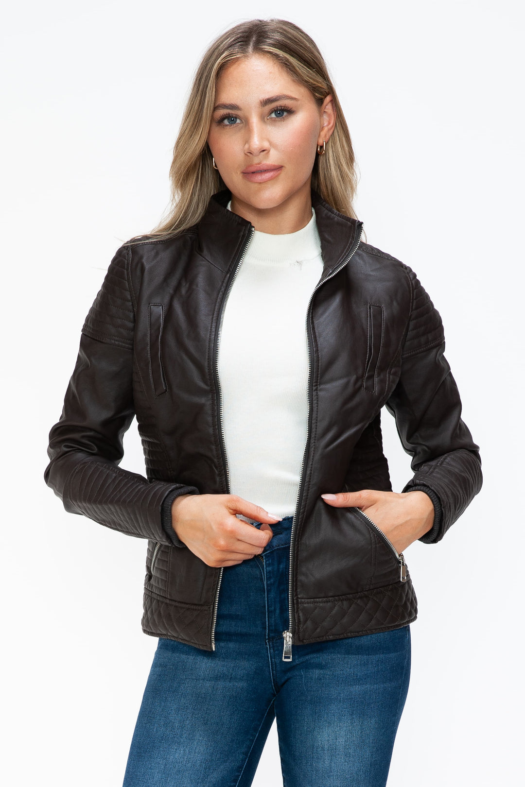 Ymi Faux Layered Double Zipper Jacket With Fuzzy Hood