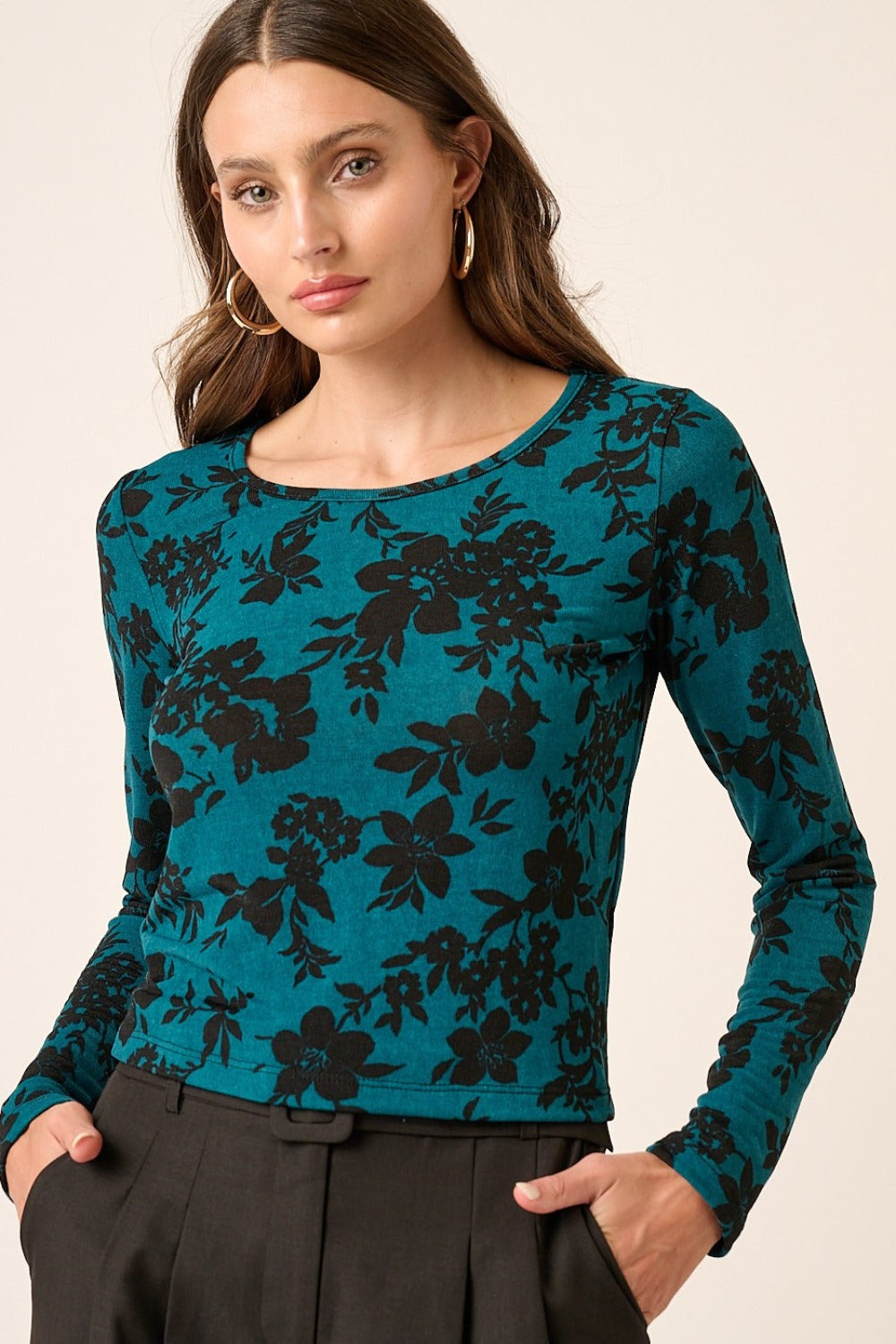 Teal Mittoshop Flower Print Long Sleeve Knit Top