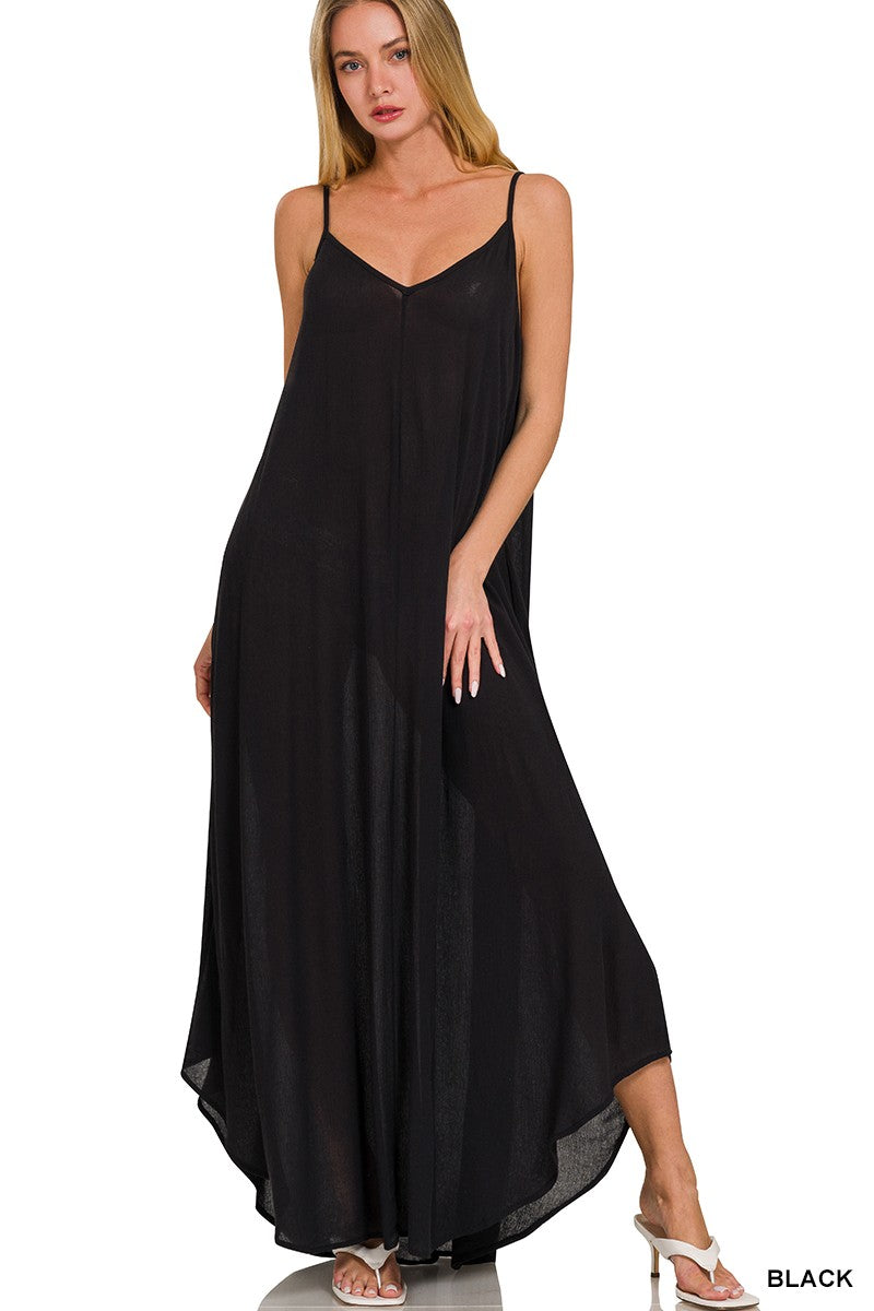 Black Zenana Woven Crinkle Cami Maxi Dress With Side Pockets 4