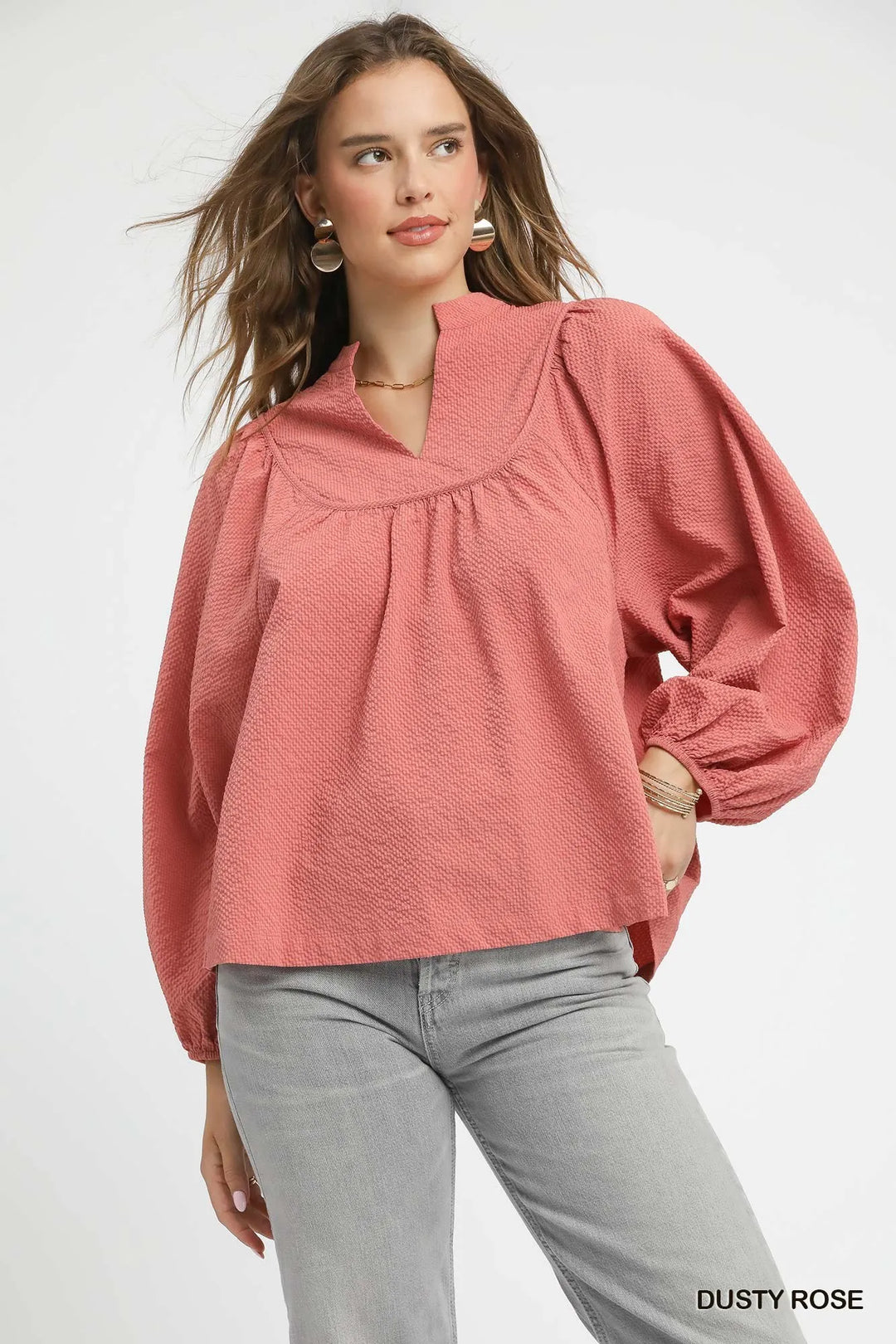 Dusty Rose Umgee Textured Notched Blouse With Balloon Sleeves
