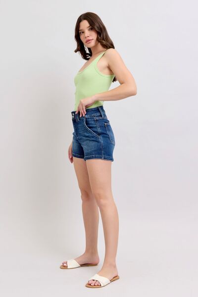 Dark Judy Blue Full Size Double Button Waistband Denim Shorts Plus Size
