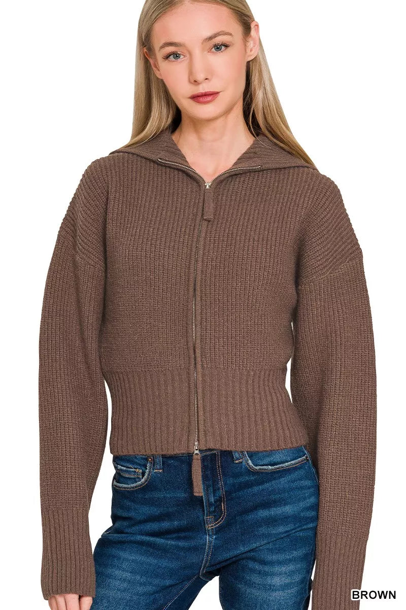 Brown Zenana Ribbed Collared Zip Up Sweater Cardigan