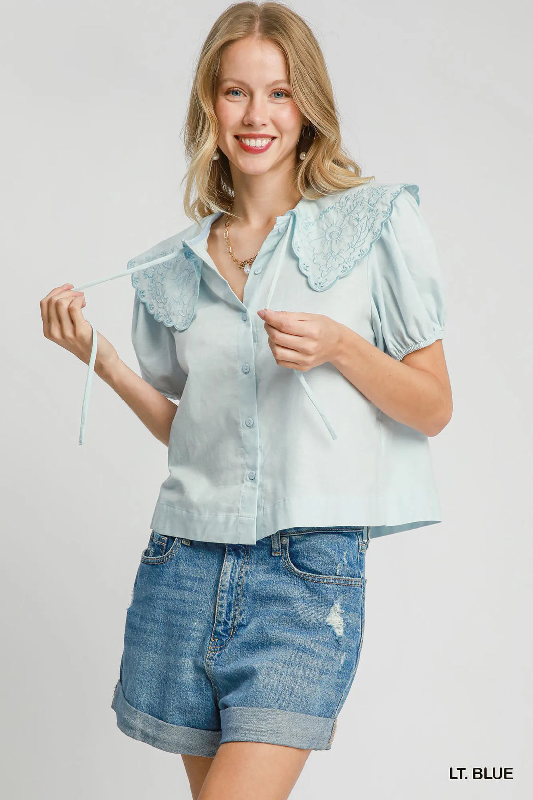 Lt. Blue Umgee Tied Collared Short Sleeve Button Down Shirt