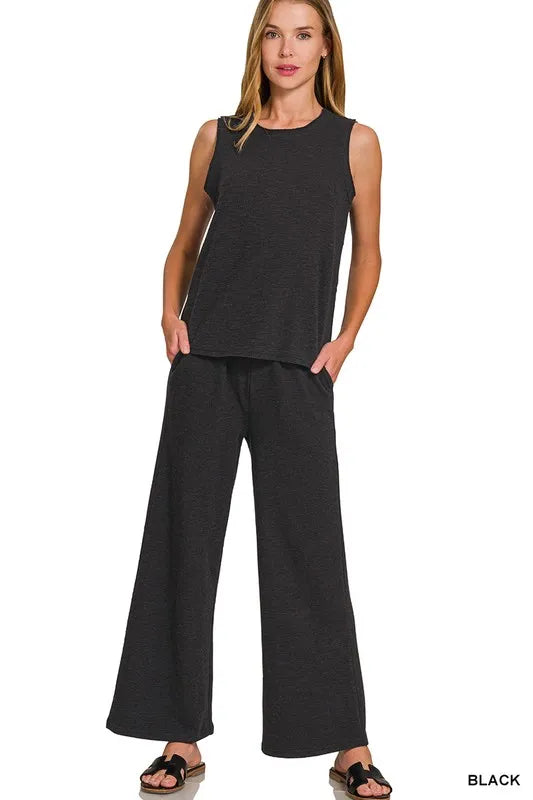 Black Zenana Cotton Slub Tank Pants Set 1