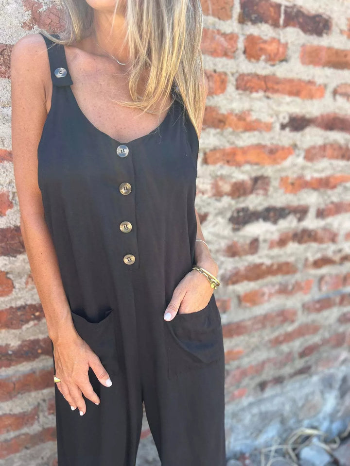 Black Full Size Button Front Wide Leg Jumpsuit Plus Size