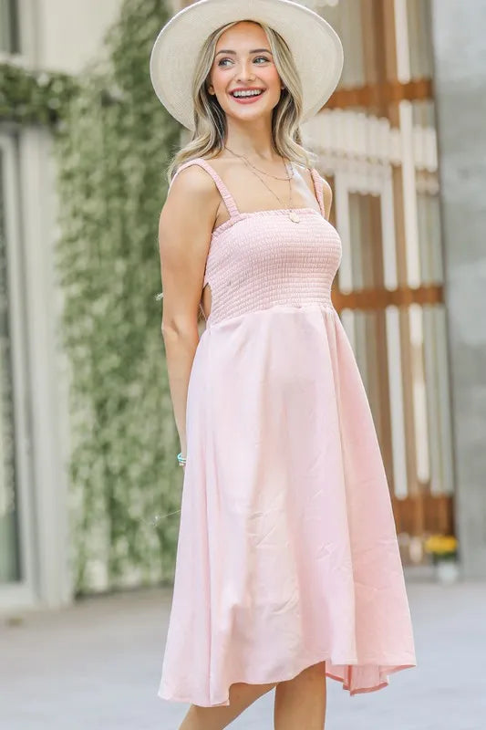 And The Why Smocking Open Back Sleeveless Midi Dress