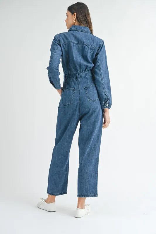 Mable Cinched Waist Straight Leg Denim Jumpsuit