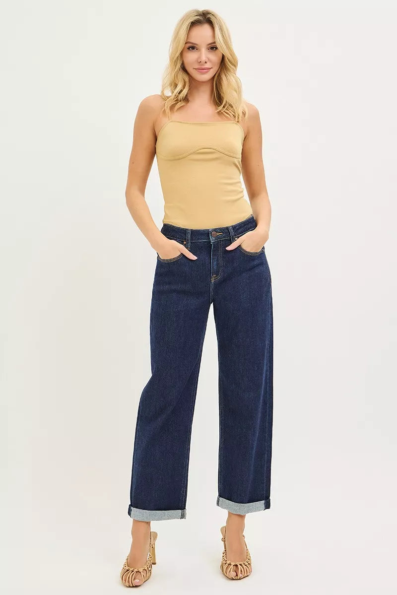 Solid Dark Risen Slouchy Cropped Boyfriend Jeans With Cuffed Hem