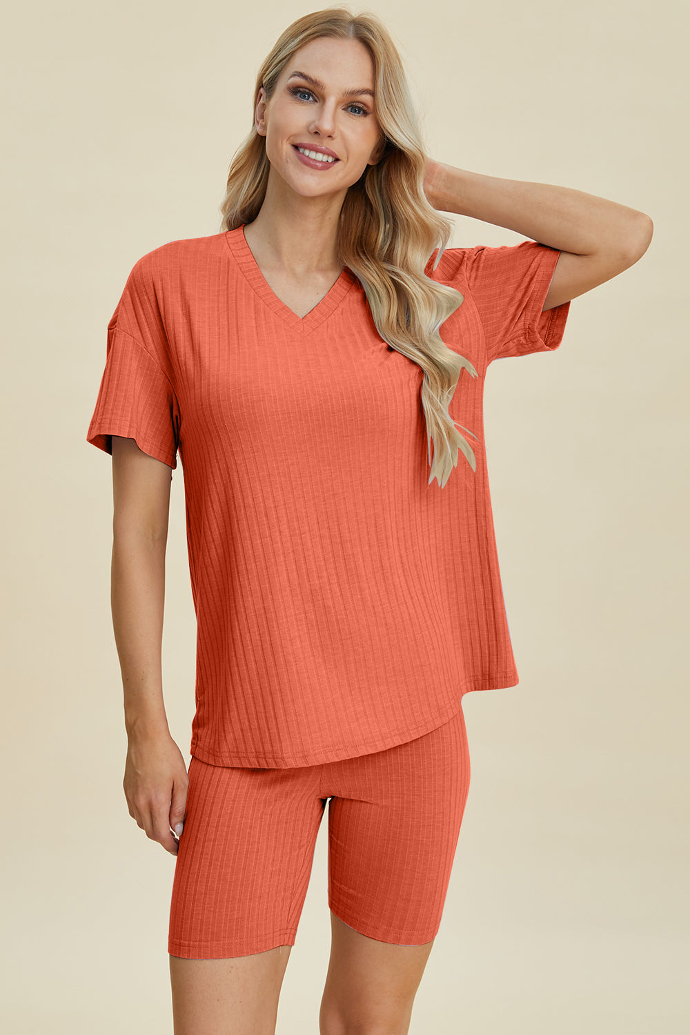 Blue Basic Bae Full Size Ribbed V Neck Short Sleeve Top And Shorts Set
