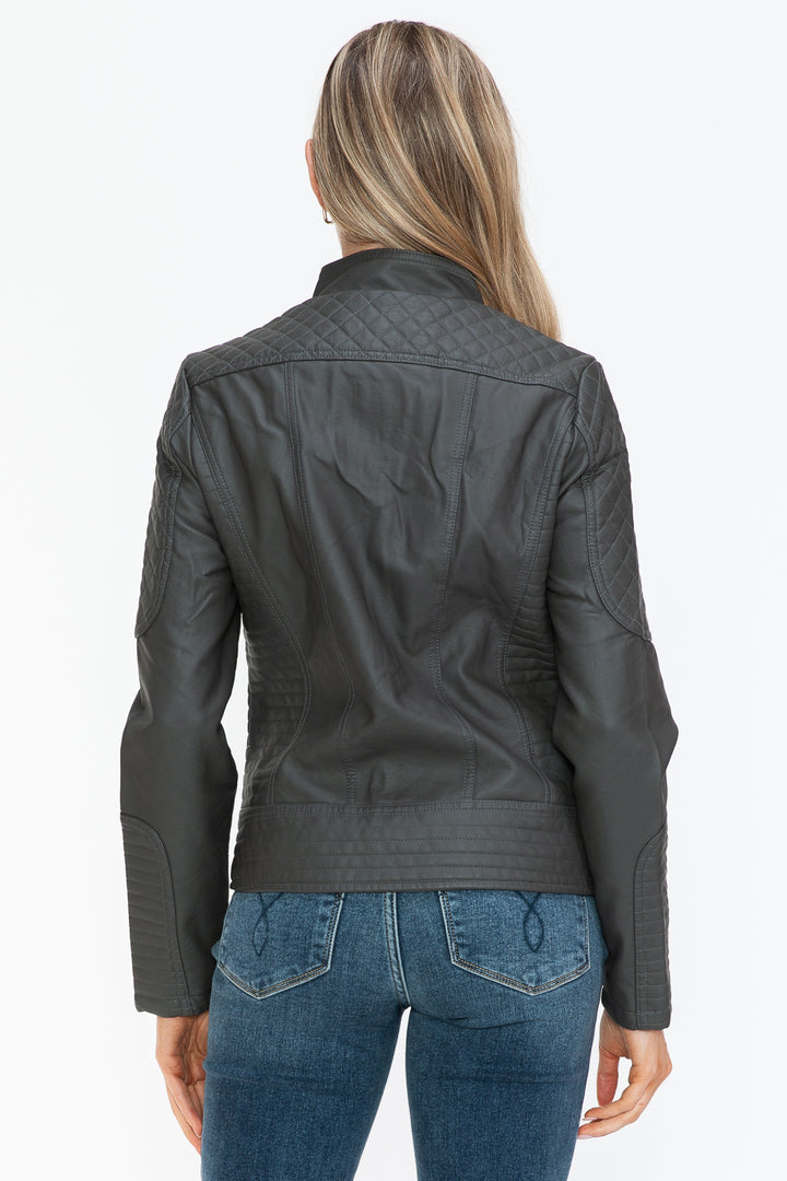 Charcoal Snobbish Faux Leather Zip Up Mock Neck Jacket