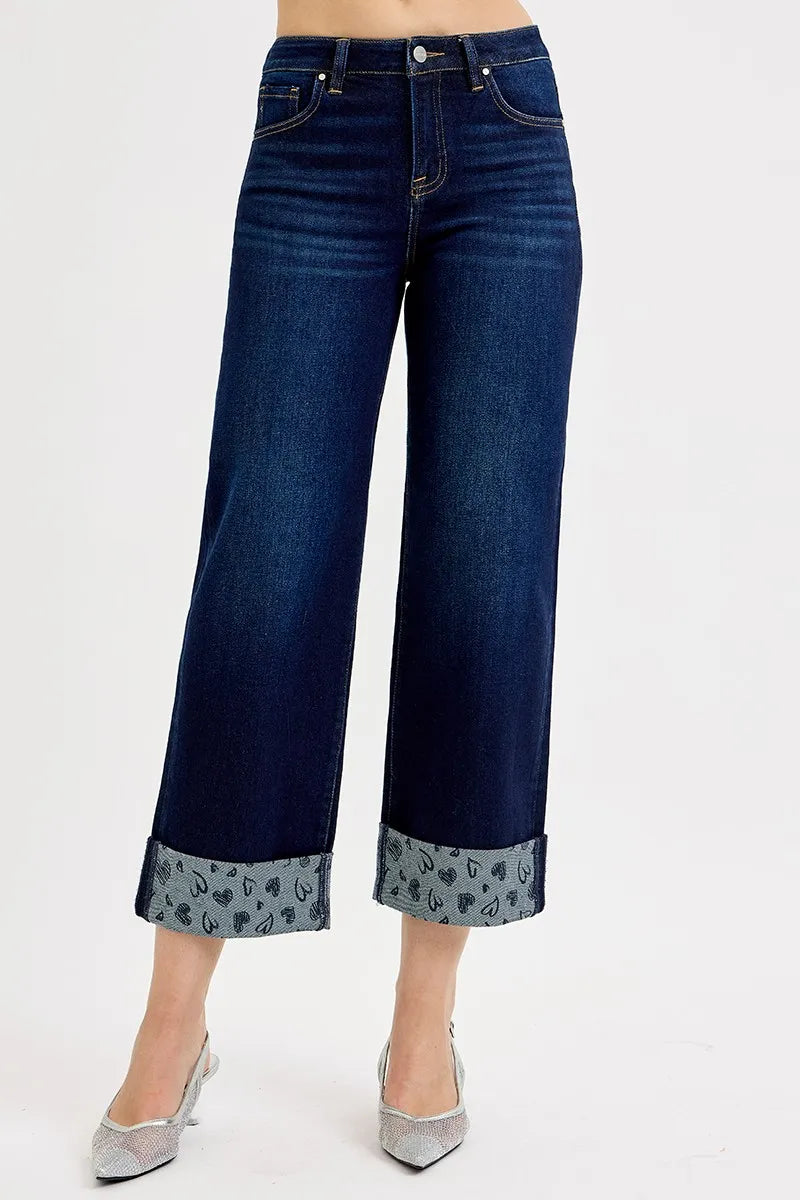 Dark Risen Full Size Mid Rise Fit Crop Wide With Printed Cuff Jeans Plus Size