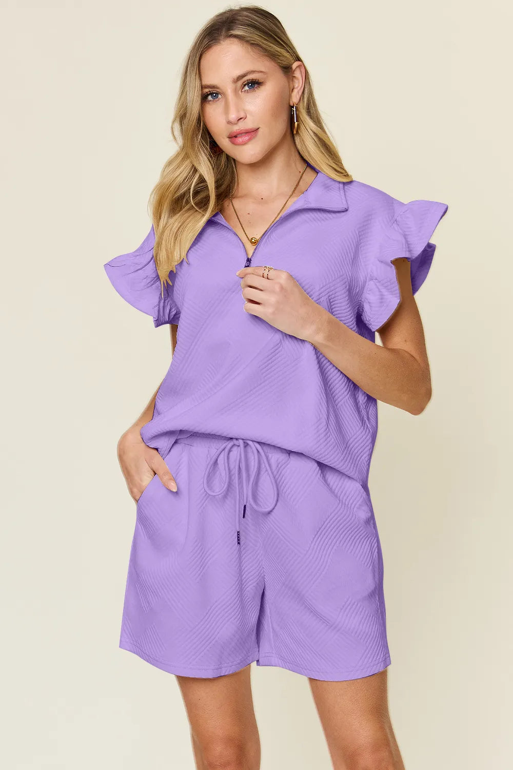 Black Double Take Full Size Texture Flounce Sleeve Top And Drawstring Shorts Set