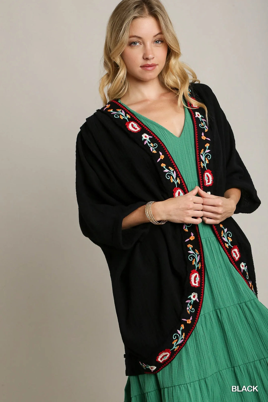 Umgee Embroidery Open Front Kimono With Pleated Shoulder Detail