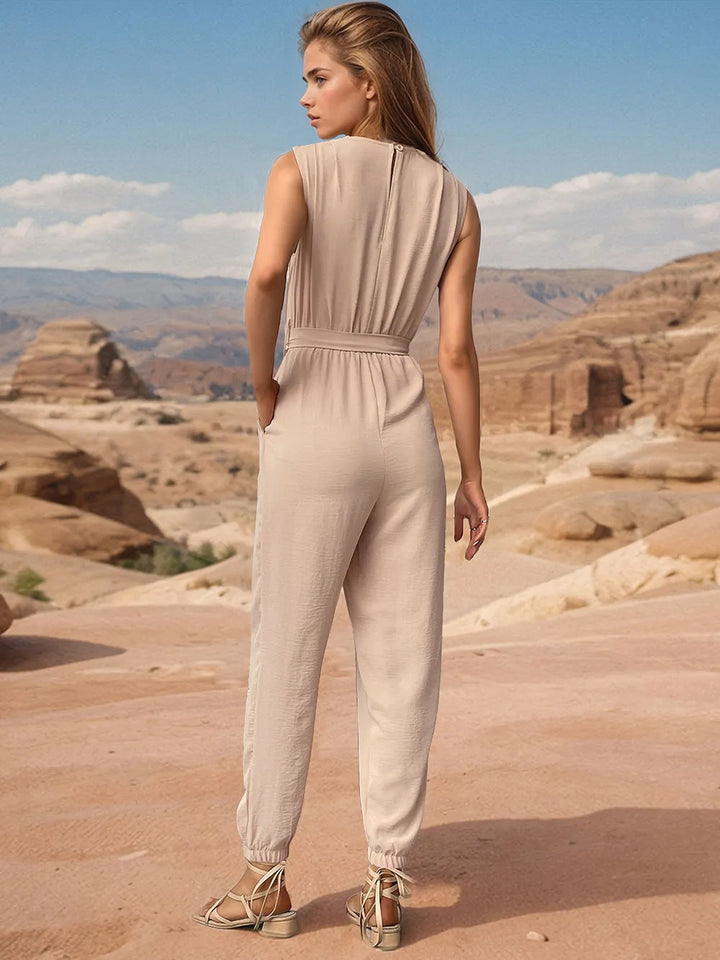 Tan Perfee Tied Surplice Sleeveless Jumpsuit