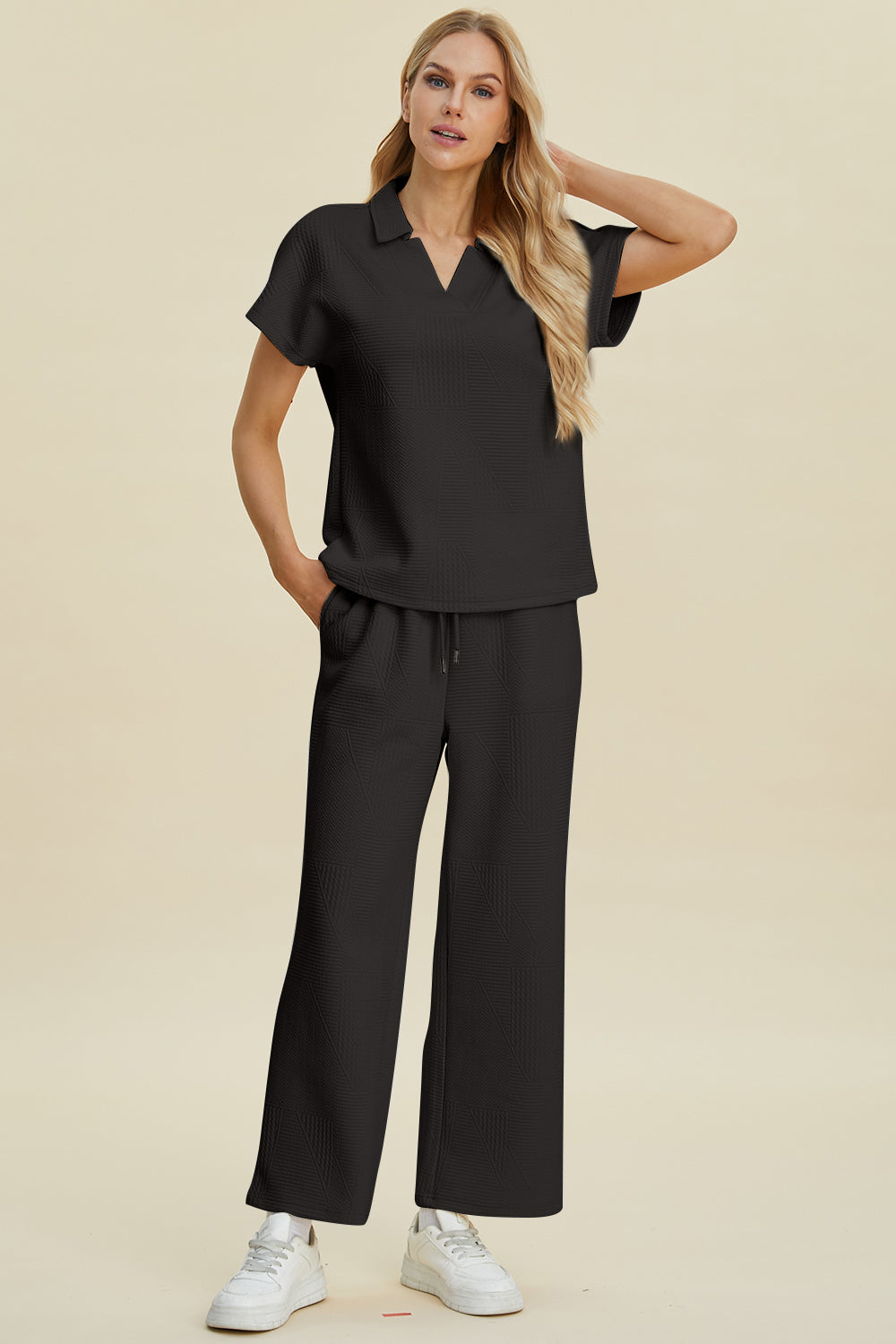 Black Double Take Full Size Collared Neck Short Sleeve Top And Pants Set