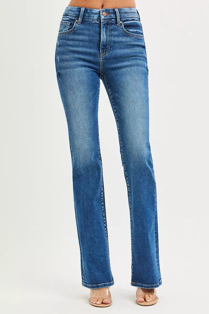 Dark Risen High Rise Bootcut Jeans With Distressed Details