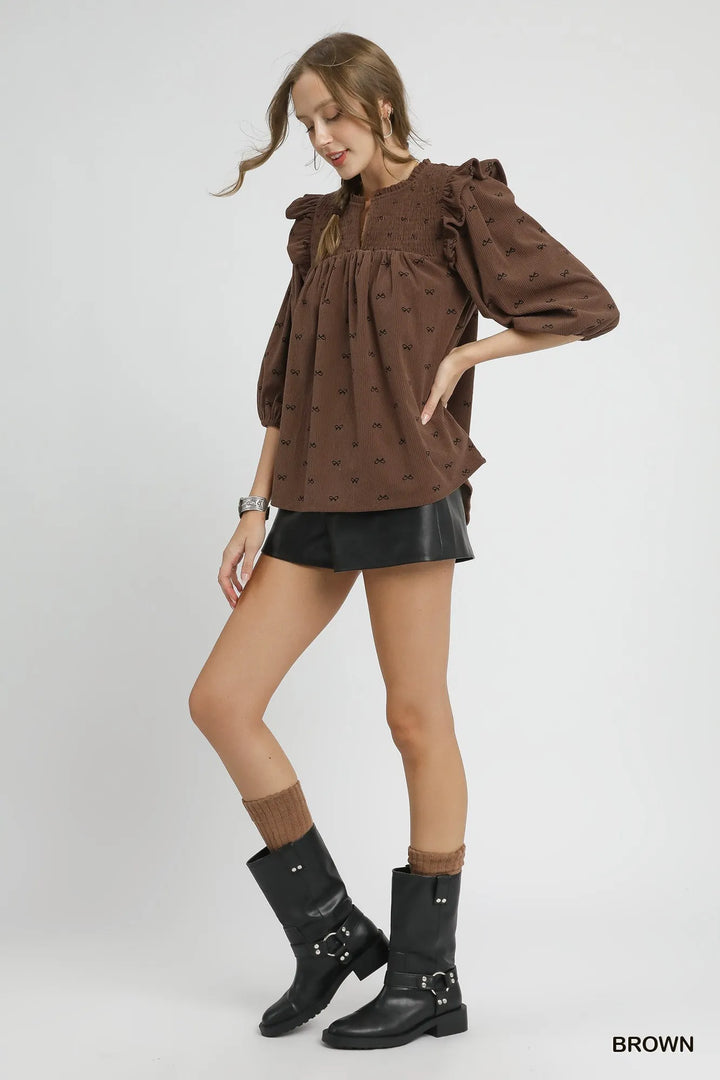 Umgee Bow Print Corduroy Puff Sleeve Blouse With Ruffled 1