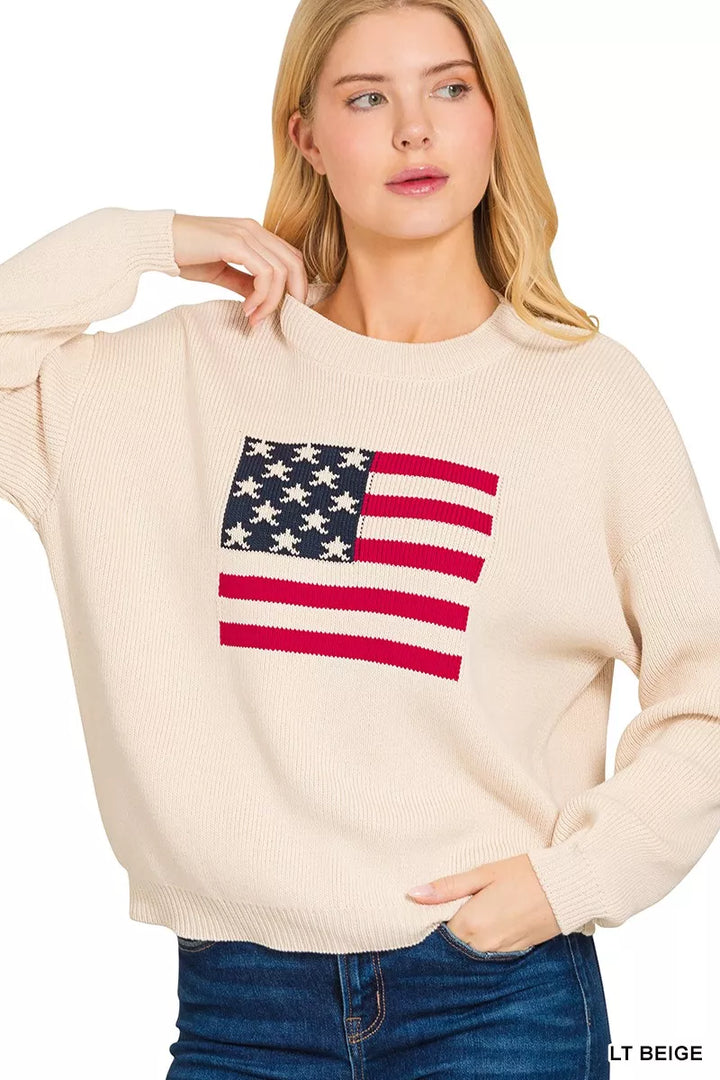Zenana American Flag Crew Neck Sweater